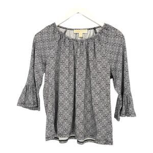 Michael Kors MK Black White Paisley Print 3/4 Bell Sleeve‎ Top Size Small